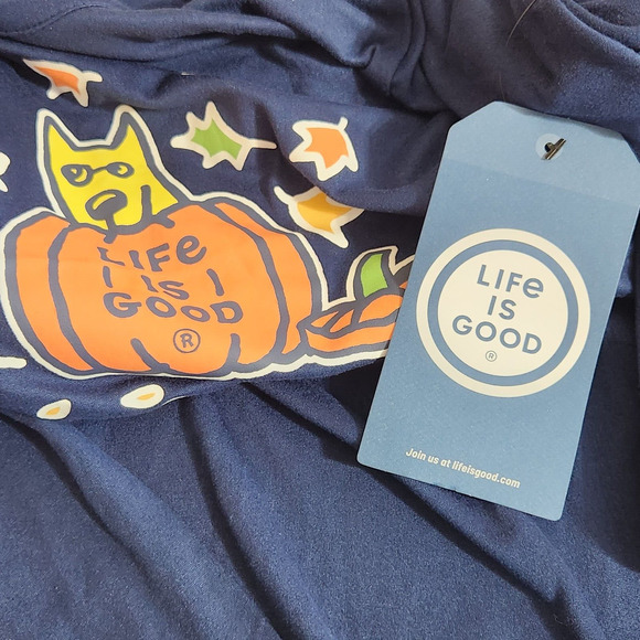 Life Is Good Sleep Shirt Women M Halloween Blue Long Sleeve Fall Pumpkin Dog NWT - Picture 5 of 8